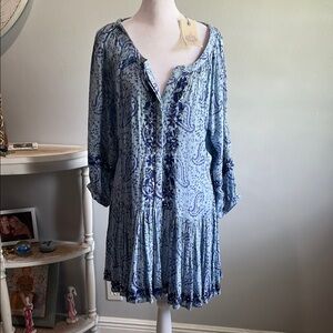 [Miss June] Blue Paisley Button-Down Embroidered Dress - One Size NWT